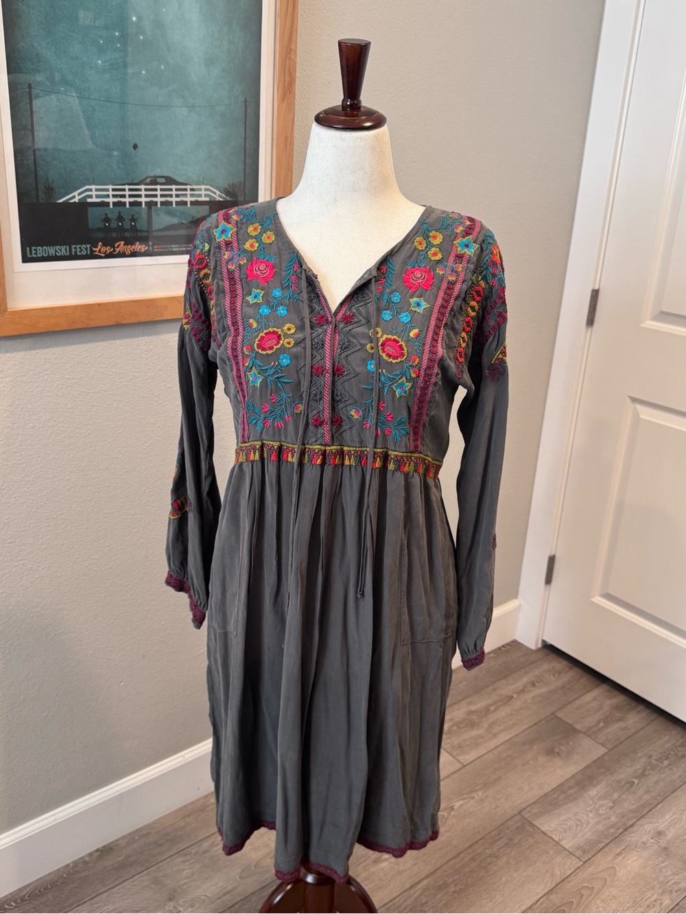 Johnny Was Biya Silk Charcoal Gray Embroidered Midi Dress